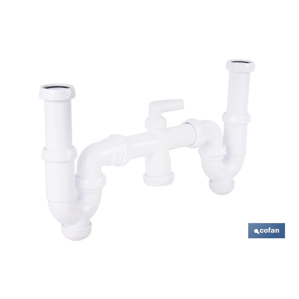 SIFÓN CURVO DOBLE CON SALIDA Ø32-40 MM, RACORES 1 1/2 Y TOMA AUXILIAR (PACK: 1 UDS) - Almacén de Ferretería Acor