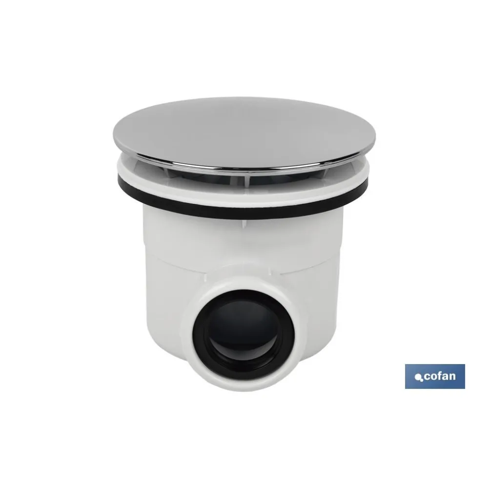 VÁLVULA SIFÓNICA PLATO DE DUCHA Ø90 MM CON SALIDA Ø32-40 MM Y EMBELLECEDOR CROMADO ALTURA 86 - Almacén de Ferretería Acor