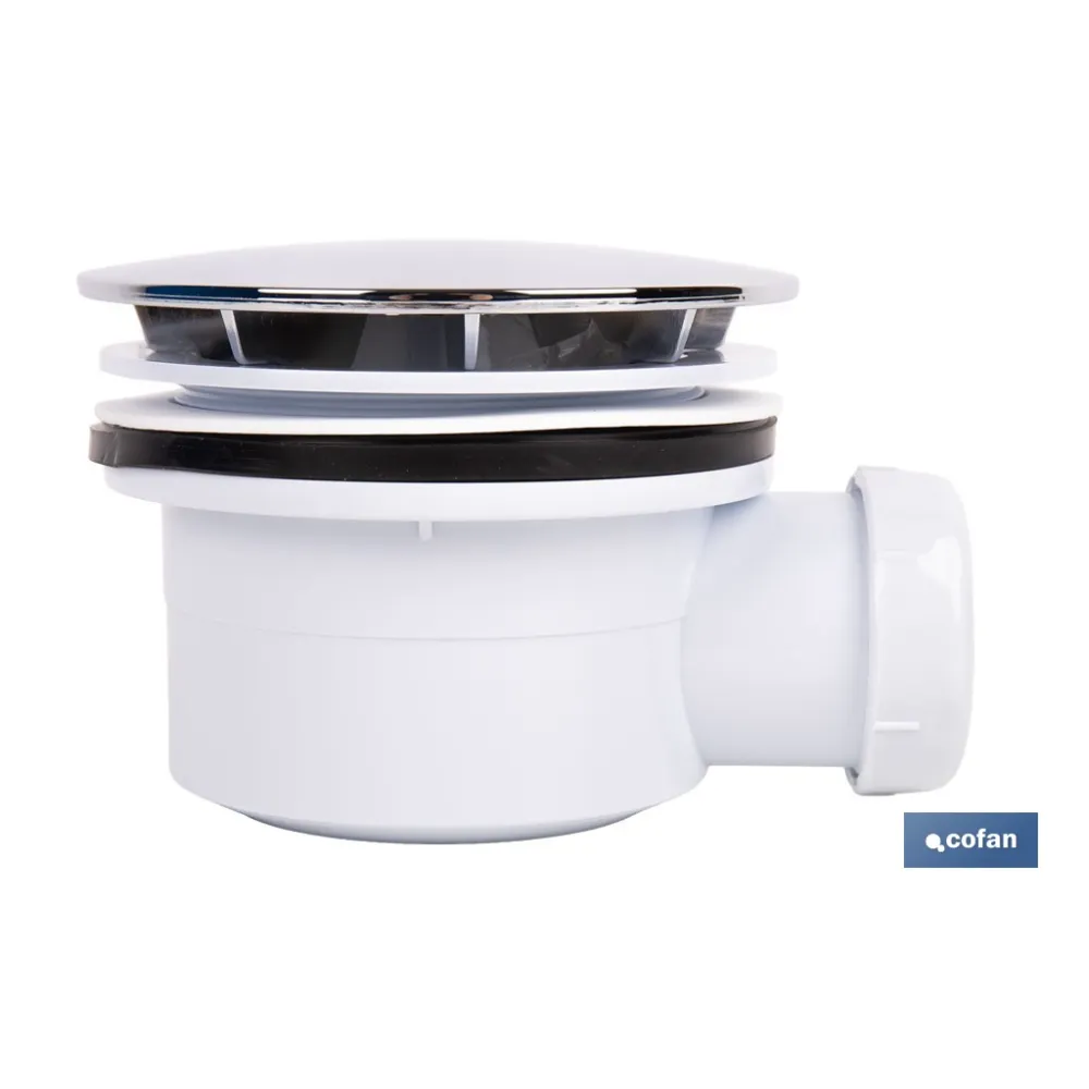 VÁLVULA SIFÓNICA PLATO DE DUCHA Ø90 MM CON SALIDA Ø32-40 MM Y EMBELLECEDOR CROMADO ALTURA 64 - Almacén de Ferretería Acor