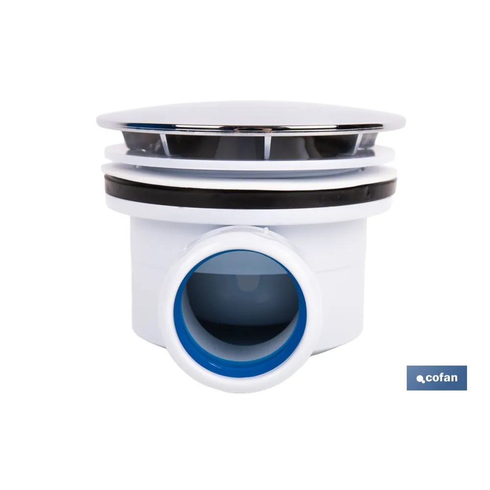 VÁLVULA SIFÓNICA PLATO DE DUCHA Ø90 MM CON SALIDA Ø32-40 MM Y EMBELLECEDOR CROMADO ALTURA 64 - Almacén de Ferretería Acor