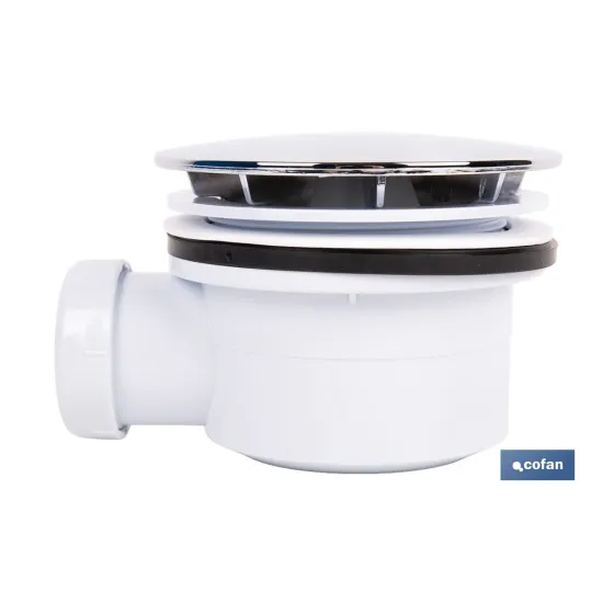 VÁLVULA SIFÓNICA PLATO DE DUCHA Ø90 MM CON SALIDA Ø32-40 MM Y EMBELLECEDOR CROMADO ALTURA 64 - Almacén de Ferretería Acor