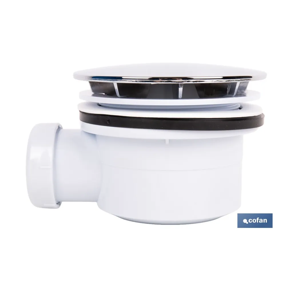 VÁLVULA SIFÓNICA PLATO DE DUCHA Ø90 MM CON SALIDA Ø32-40 MM Y EMBELLECEDOR CROMADO ALTURA 64 - Almacén de Ferretería Acor