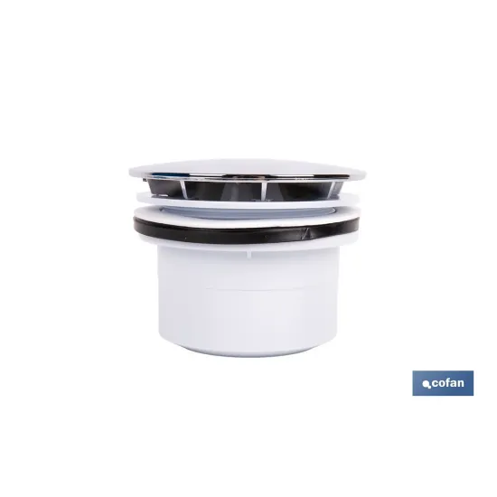 VÁLVULA SIFÓNICA PLATO DE DUCHA Ø90 MM CON SALIDA Ø32-40 MM Y EMBELLECEDOR CROMADO ALTURA 64 - Almacén de Ferretería Acor