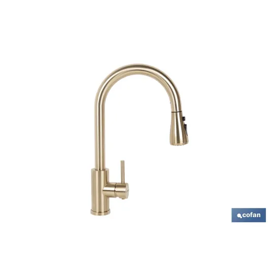GRIFO DE COCINA DORADO DE ACERO CEPILLADO CON MANGUERA EXTENSIBLE Y 3 FUNCIONES 400 X 220 X 54 - Almacén de Ferretería Acor