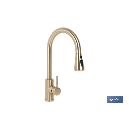 GRIFO DE COCINA DORADO DE ACERO CEPILLADO CON MANGUERA EXTENSIBLE Y 3 FUNCIONES 400 X 220 X 54 - Almacén de Ferretería Acor