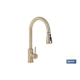 GRIFO DE COCINA DORADO DE ACERO CEPILLADO CON MANGUERA EXTENSIBLE Y 3 FUNCIONES 400 X 220 X 54 - Almacén de Ferretería Acor