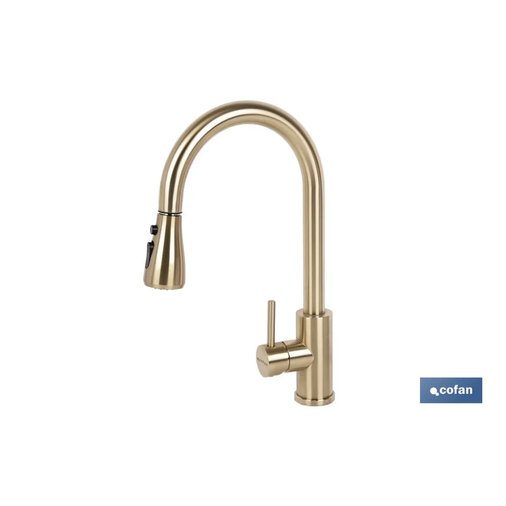GRIFO DE COCINA DORADO DE ACERO CEPILLADO CON MANGUERA EXTENSIBLE Y 3 FUNCIONES 400 X 220 X 54 - Almacén de Ferretería Acor