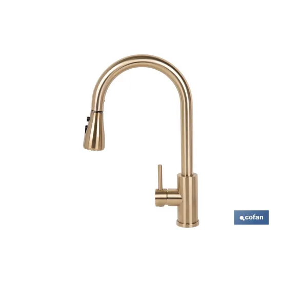 GRIFO DE COCINA DORADO DE ACERO CEPILLADO CON MANGUERA EXTENSIBLE Y 3 FUNCIONES 400 X 220 X 54 - Almacén de Ferretería Acor