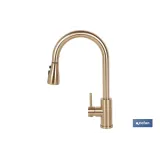GRIFO DE COCINA DORADO DE ACERO CEPILLADO CON MANGUERA EXTENSIBLE Y 3 FUNCIONES 400 X 220 X 54 - Almacén de Ferretería Acor