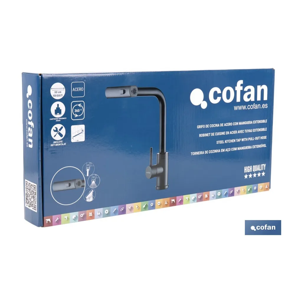 GRIFO DE COCINA NEGRO DE ACERO CON MANGUERA EXTENSIBLE Y 3 FUNCIONES 340 X 240 X 54  MM (PACK - Almacén de Ferretería Acor