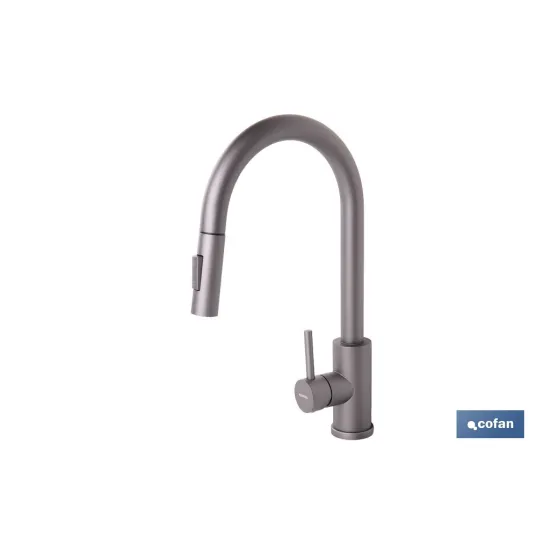 GRIFO DE COCINA ANTRACITA DE ACERO INOX. CON MANGUERA EXTENSIBLE Y 2 FUNCIONES 400 X 220 X 54 - Almacén de Ferretería Acor