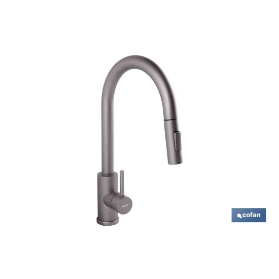 GRIFO DE COCINA ANTRACITA DE ACERO INOX. CON MANGUERA EXTENSIBLE Y 2 FUNCIONES 400 X 220 X 54 - Almacén de Ferretería Acor