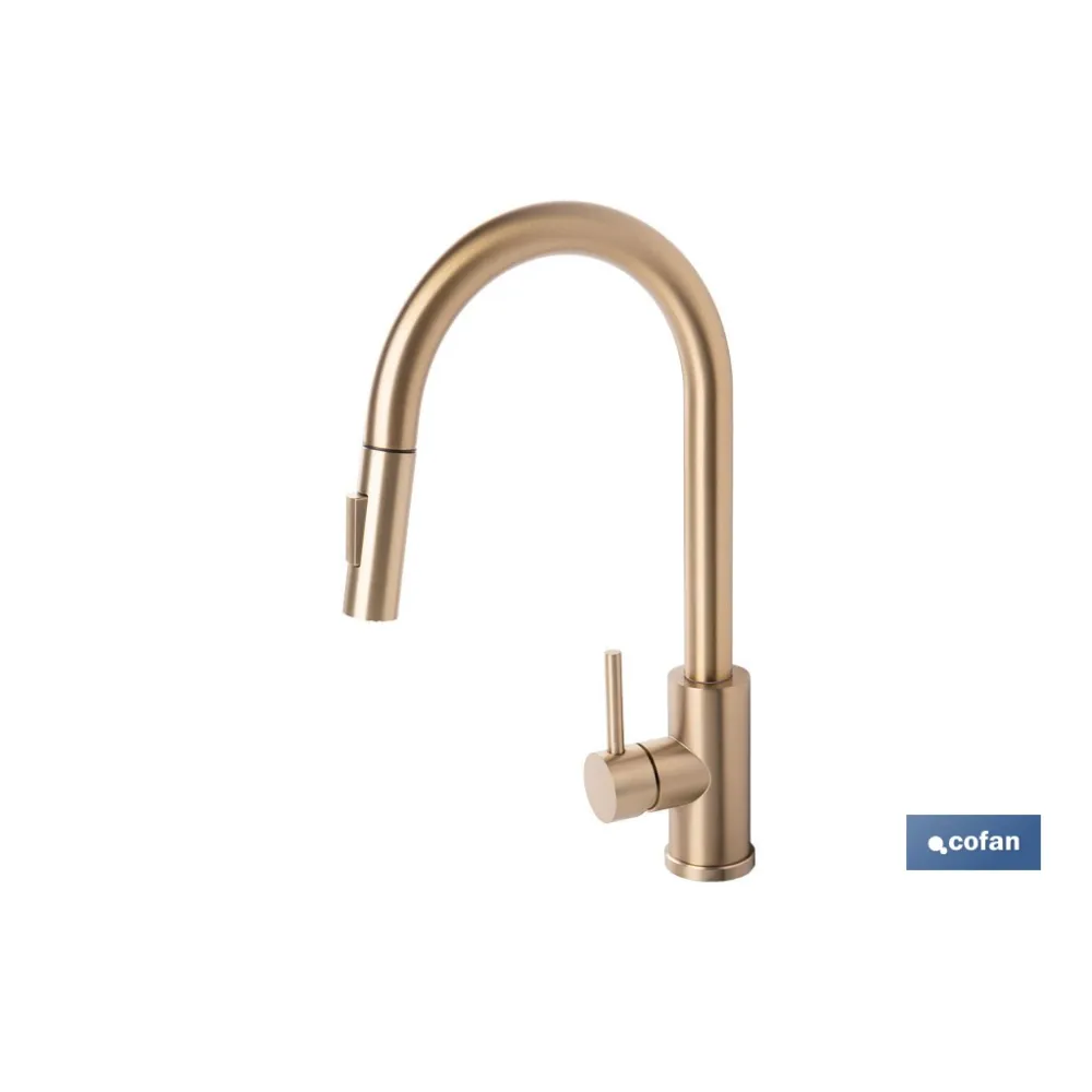 GRIFO DE COCINA CEPILLADO DORADO DE ACERO CON MANGUERA EXTENSIBLE Y 2 FUNCIONES 400 X 220 X 54 - Almacén de Ferretería Acor