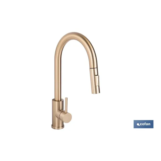 GRIFO DE COCINA CEPILLADO DORADO DE ACERO CON MANGUERA EXTENSIBLE Y 2 FUNCIONES 400 X 220 X 54 - Almacén de Ferretería Acor