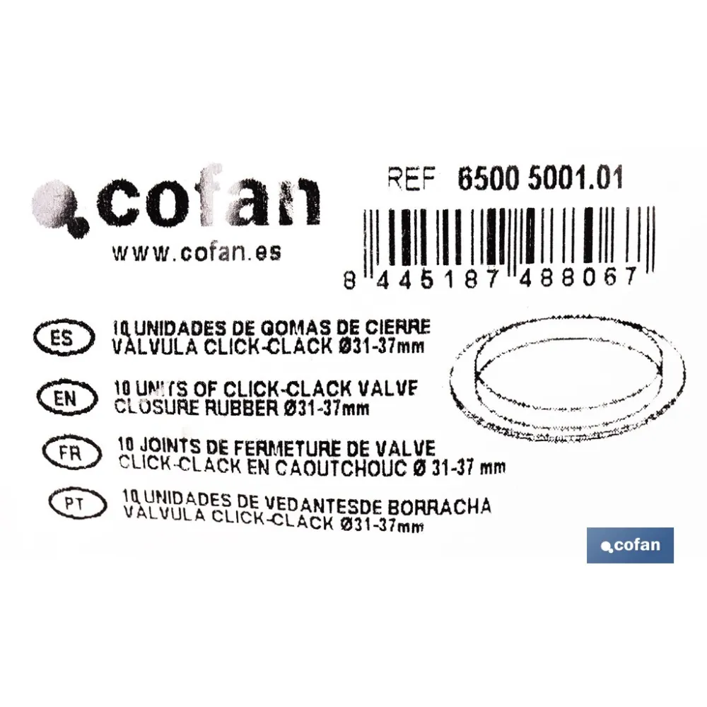 BOLSA DE 10 UNIDADES DE GOMAS CIERRE PARA VÁLVULA CLICK-CLACK Ø31-37 MM (PACK: 1 UDS) - Almacén de Ferretería Acor