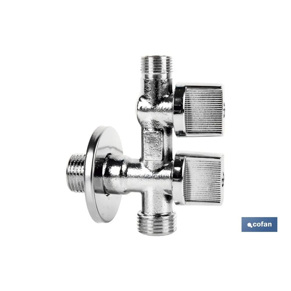 VÁLVULA DE ESCUADRA 1/2 x 1/2 x 3/8 DOBLE SALIDA (PACK: 1 UDS) - Almacén de Ferretería Acor