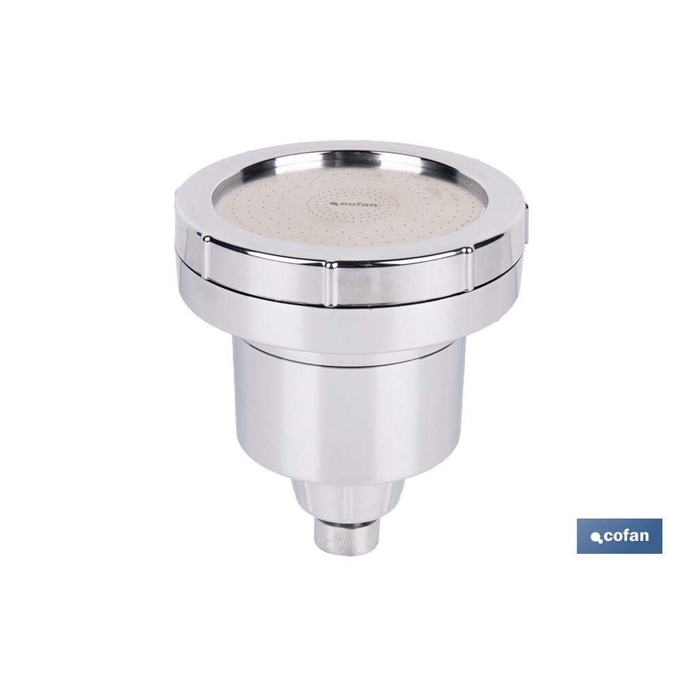 ROCIADOR DE DUCHA CON 15 FILTROS COLOR INOX. 11,5 X 13,5 CM