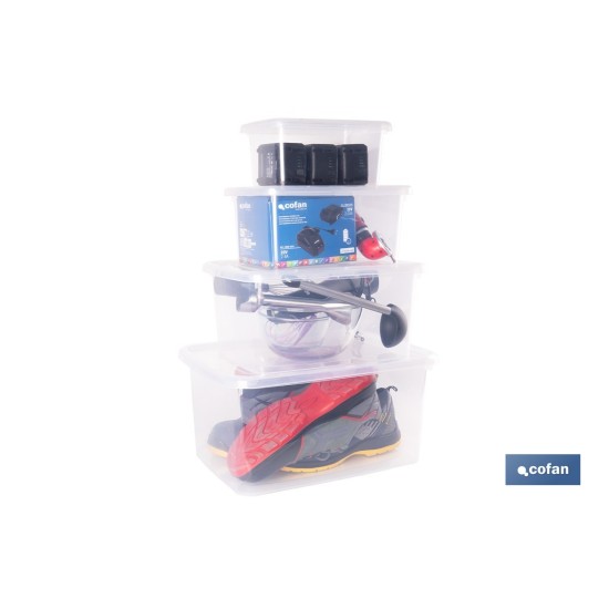 PACK DE 4 CAJAS DE ALMACENAJE TRANSPARENTES 4 L + 8 L + 15 L + 26 L
