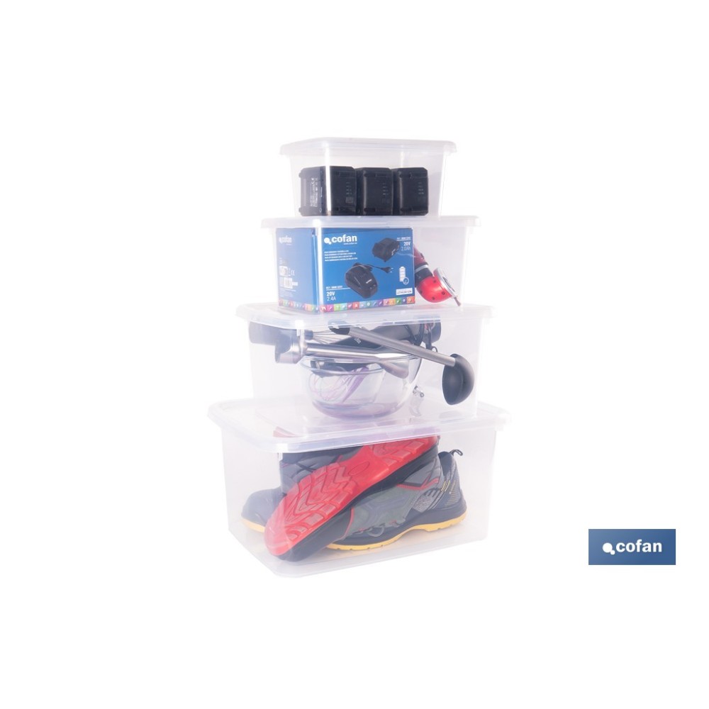 PACK DE 4 CAJAS DE ALMACENAJE TRANSPARENTES 4 L + 8 L + 15 L + 26 L