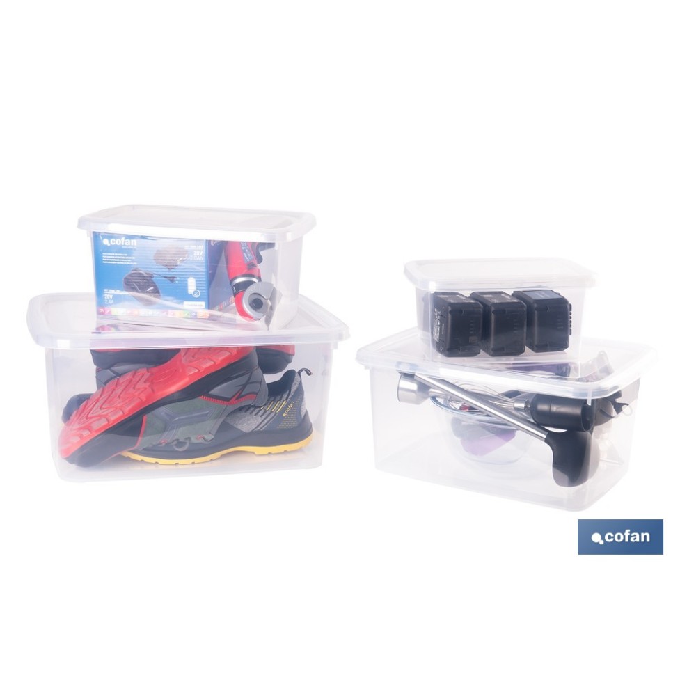 PACK DE 4 CAJAS DE ALMACENAJE TRANSPARENTES 4 L + 8 L + 15 L + 26 L