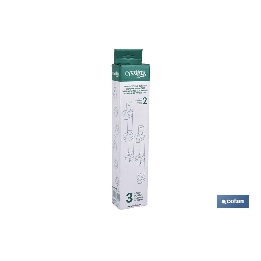 TENDEDERO FIJO DE PARED BLANCO DE DOS PIEZAS CON 3 POLEAS 31 X 6.5 X 2.5 CM