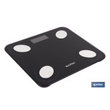 BÁSCULA DE BAÑO DIGITAL NEGRA CON PANTALLA LCD, USB Y MEDICIÓN IMC DE GRASA VISCERAL 30 X 26,5 X 2,2 CM