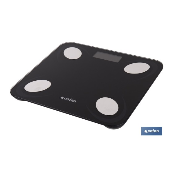 BÁSCULA DE BAÑO DIGITAL NEGRA CON PANTALLA LCD, USB Y MEDICIÓN IMC DE GRASA VISCERAL 30 X 26,5 X 2,2 CM