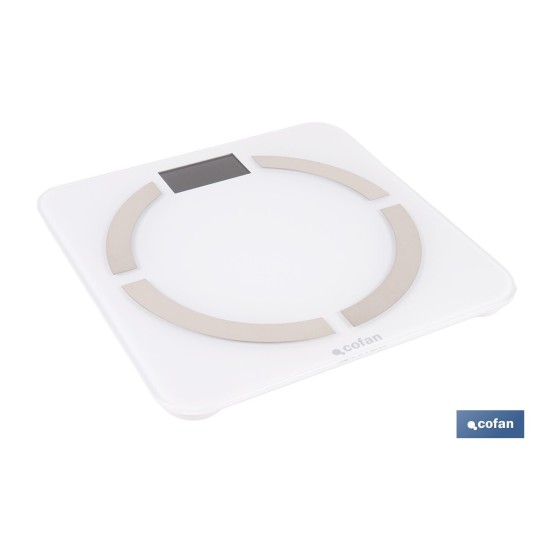 BÁSCULA DE BAÑO DIGITAL BLANCA CON PANTALLA LCD, USB Y MEDICIÓN IMC DE GRASA VISCERAL 30 X 30 X 2,2 CM