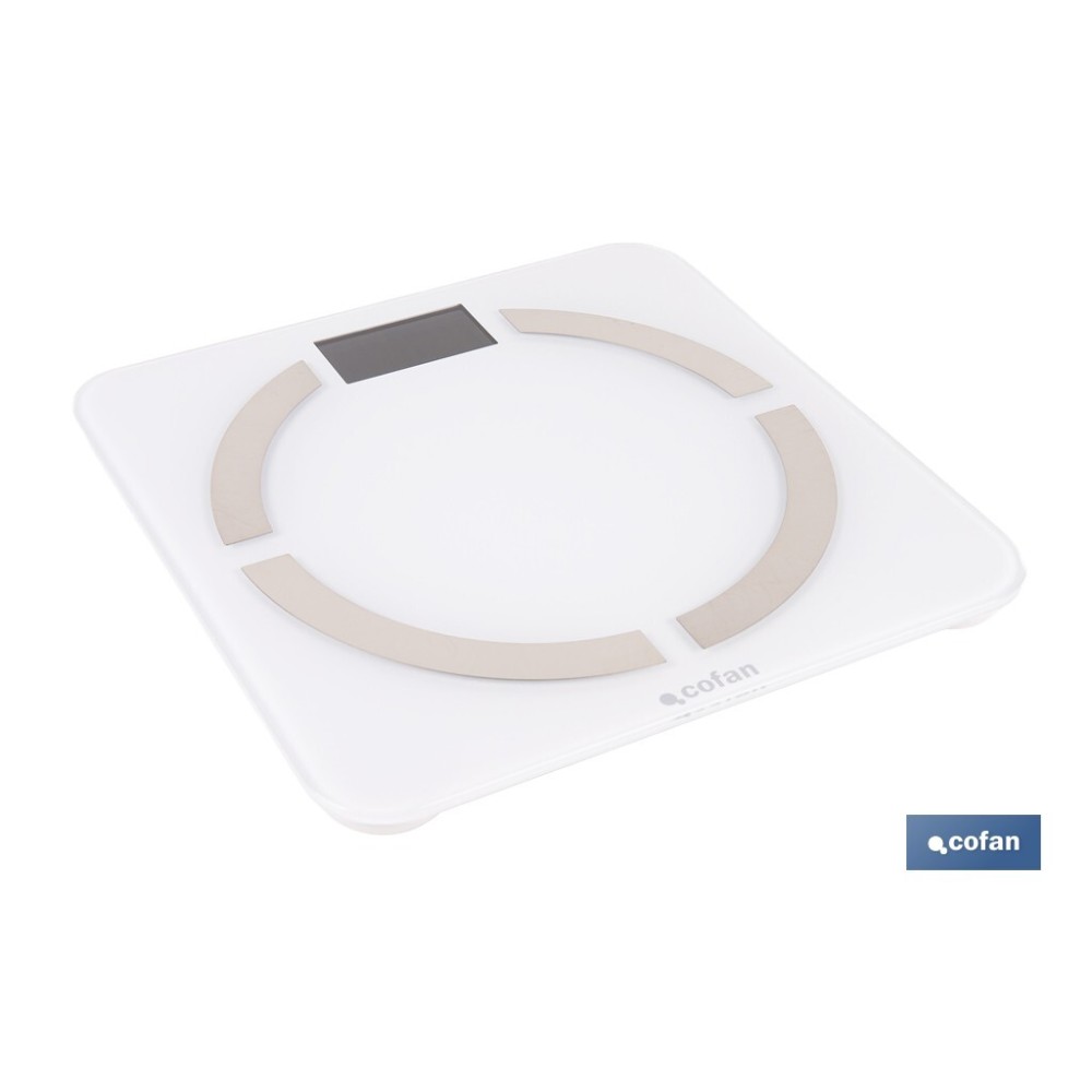 BÁSCULA DE BAÑO DIGITAL BLANCA CON PANTALLA LCD, USB Y MEDICIÓN IMC DE GRASA VISCERAL 30 X 30 X 2,2 CM