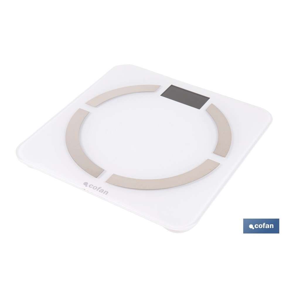 BÁSCULA DE BAÑO DIGITAL BLANCA CON PANTALLA LCD, USB Y MEDICIÓN IMC DE GRASA VISCERAL 30 X 30 X 2,2 CM