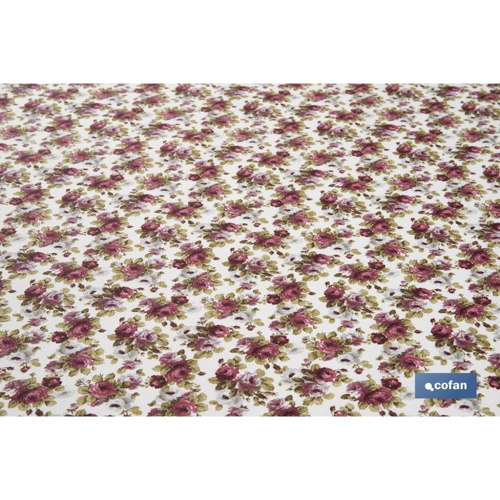 ROLLO DE MANTEL ANTIMANCHAS RESINADO 50% ALGODON/50% POLIESTER. ROSAS 1,40 x 25 M