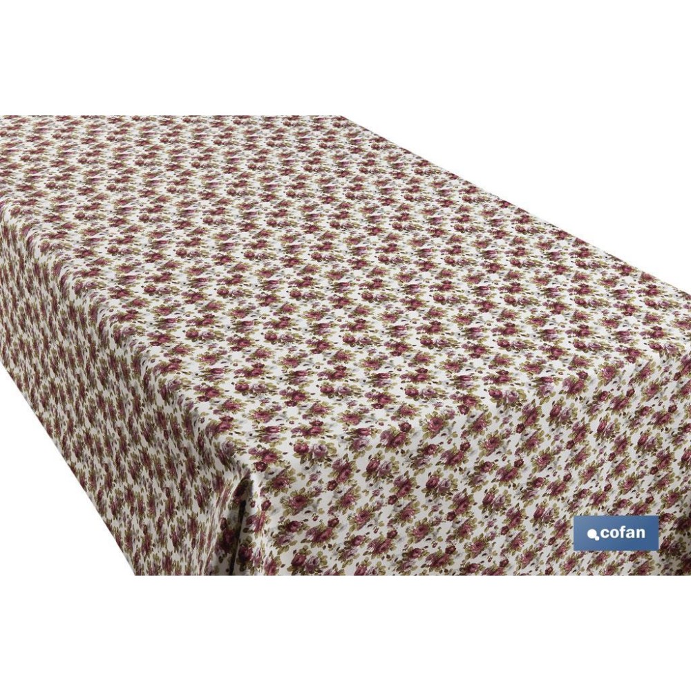 ROLLO DE MANTEL ANTIMANCHAS RESINADO 50% ALGODON/50% POLIESTER. ROSAS 1,40 x 25 M