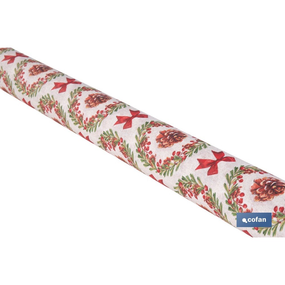 ROLLO DE MANTEL RESINADO ANTIMANCHAS LAZOS Y PIÑAS 75% ALGODÓN 25% POLIÉSTER 1,40 X 15 M
