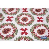 ROLLO DE MANTEL RESINADO ANTIMANCHAS LAZOS Y PIÑAS 75% ALGODÓN 25% POLIÉSTER 1,40 X 15 M