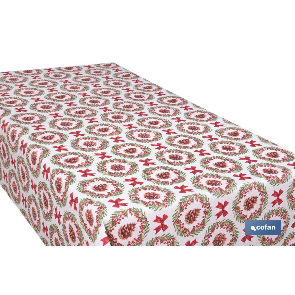 ROLLO DE MANTEL RESINADO ANTIMANCHAS LAZOS Y PIÑAS 75% ALGODÓN 25% POLIÉSTER 1,40 X 15 M