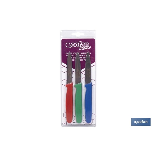 PACK DE 3 CUCHILLOS PUNTILLA COLOR ROJO VERDE AZUL