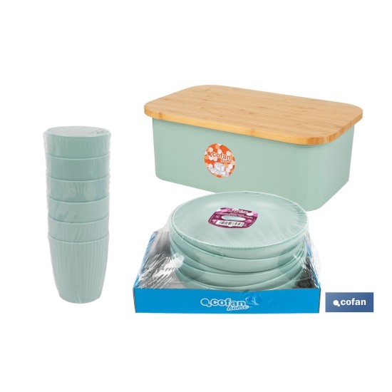PACK DE PANERA CON TAPA BAMBU ,6  VASOS DE AGUA VERDE Y 6 PLATOS VERDE