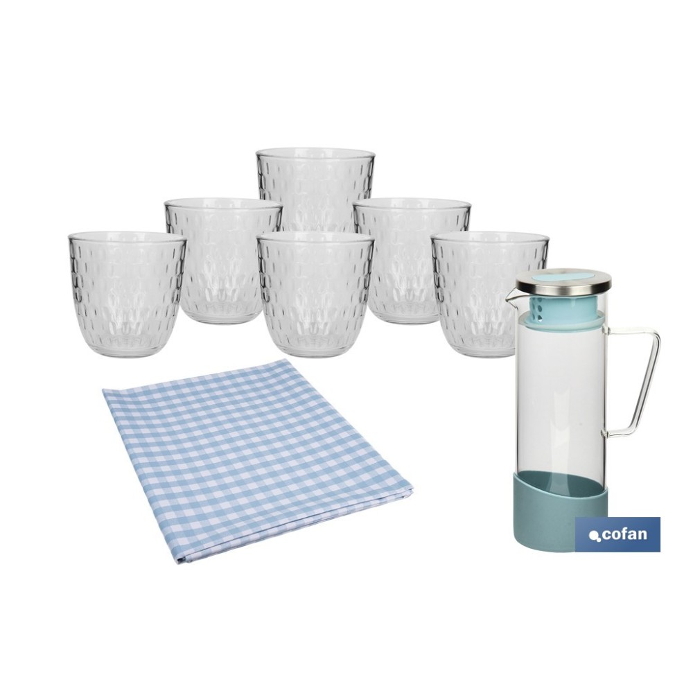 PACK DE JARRA AZUL,SET DE VASOS DE AGUA Y MANTEL 1.40 X 1.40 CM