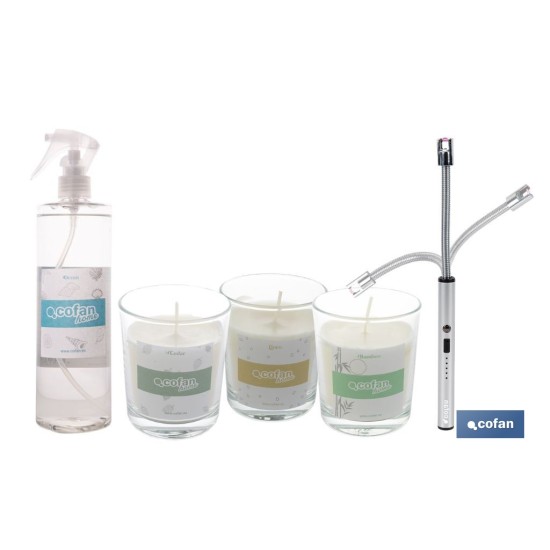 PACK DE 3 VELAS,ENCENDEDOR ELECTRICO,BRUMA TEXTIL
