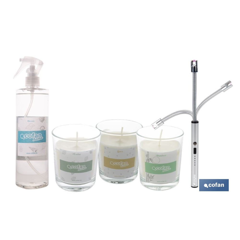 PACK DE 3 VELAS,ENCENDEDOR ELECTRICO,BRUMA TEXTIL