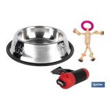 PACK DE DISPENSADOR DE BOLSAS MASCOTA, COMEDERO BEBEDERO Y JUGUETE MORDEDOR PERROS