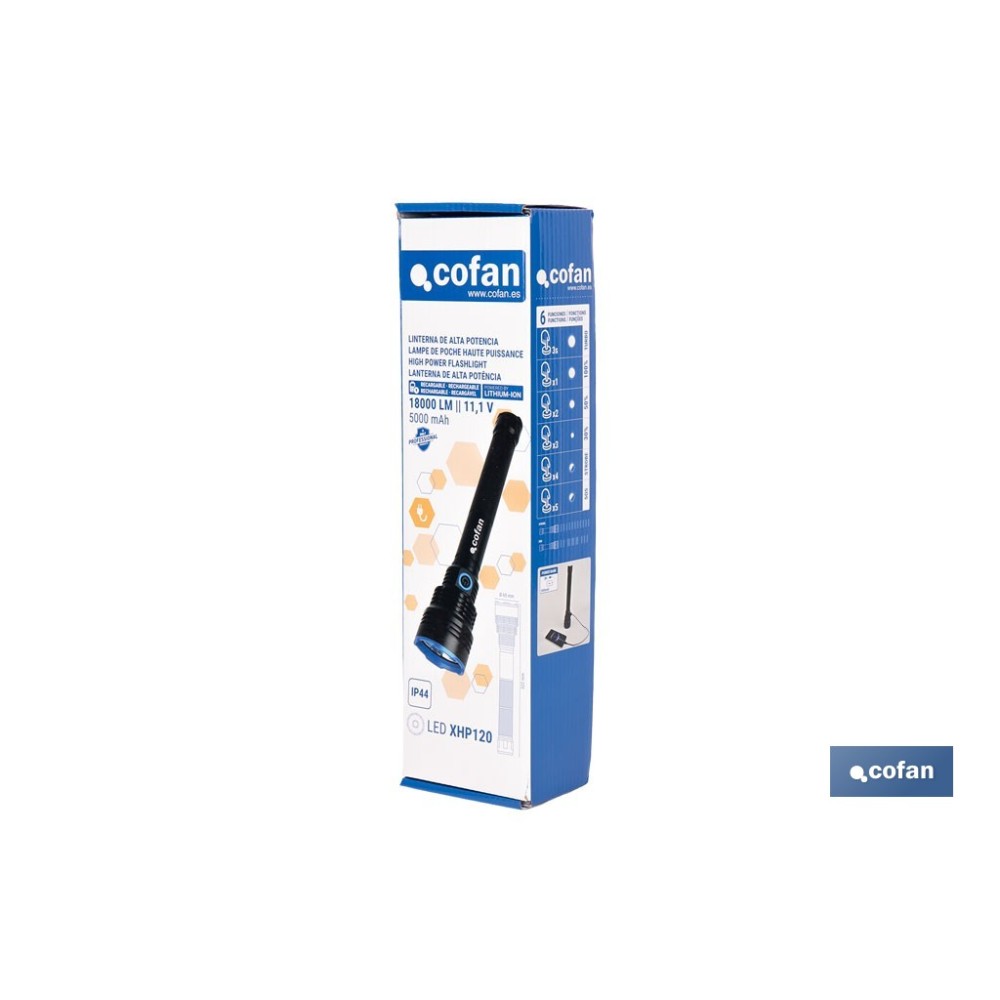 LINTERNA HIGH POWER LED 18.000 LM CON 6 FUNCIONES Ø65 X 322 MM