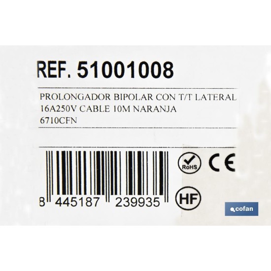 PROLONGADOR BIPOLAR CON T/T LATERAL 16A250V CABLE 10M NARANJA
