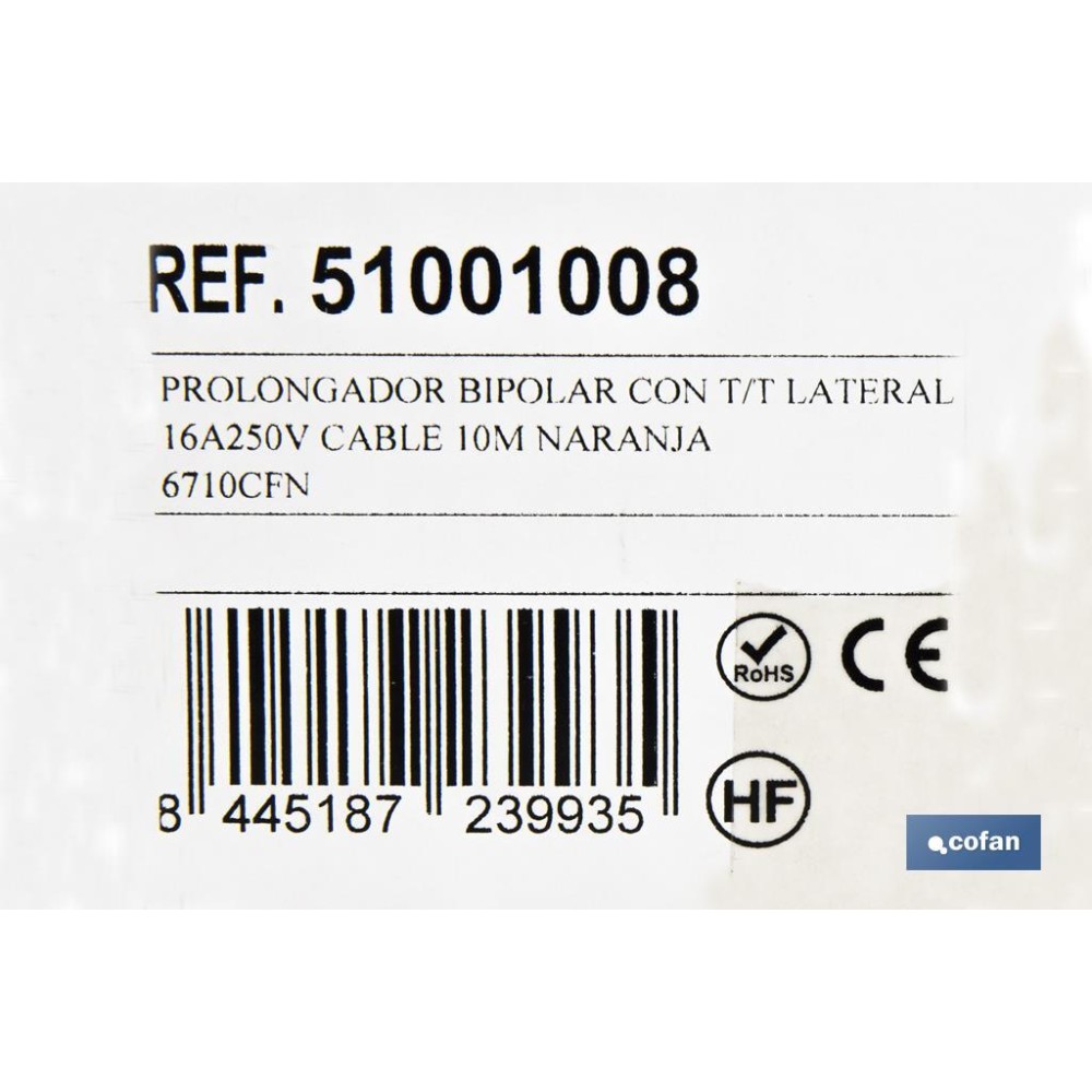 PROLONGADOR BIPOLAR CON T/T LATERAL 16A250V CABLE 10M NARANJA
