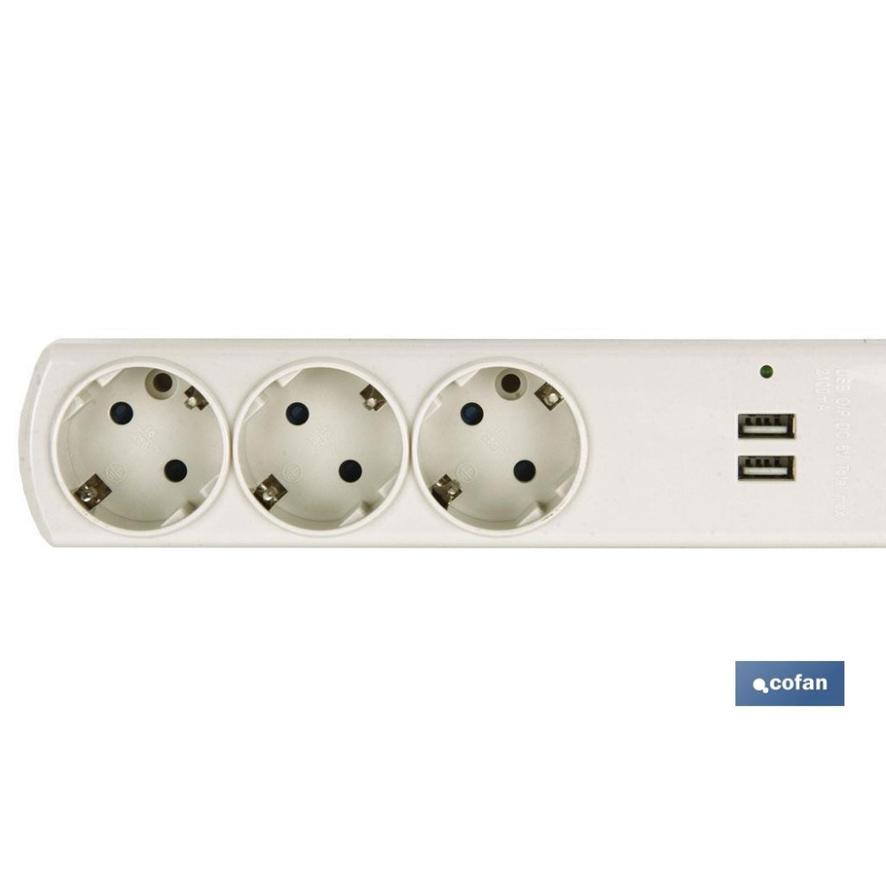 BASE BIPOLAR 3 TOMAS Y PROLONGACIÓN 1,5M CON T/T LATERAL 16A 250V USB