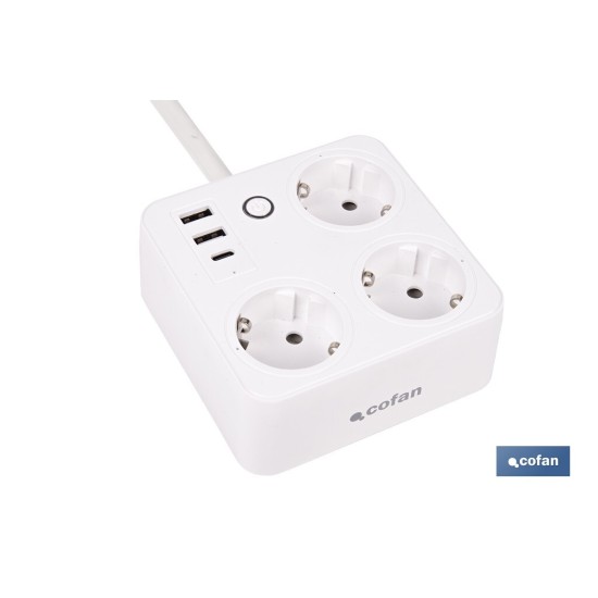 REGLETA INTELIGENTE CON 3 TOMAS Y 2 PUERTOS USB Y TIPO C