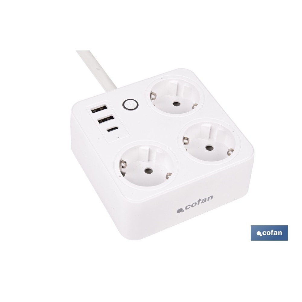 REGLETA INTELIGENTE CON 3 TOMAS Y 2 PUERTOS USB Y TIPO C