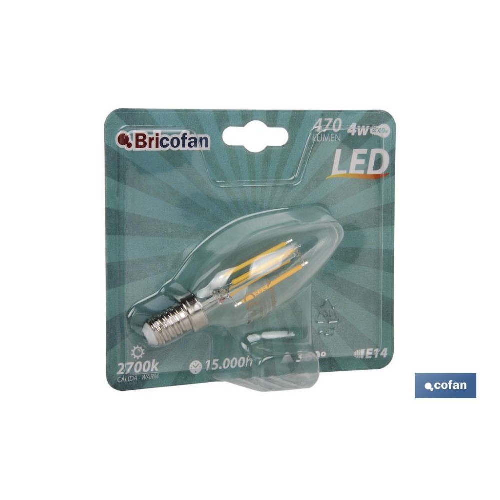 BOMBILLA LED VELA FILAMENTO E14 4W 470LM 2700K