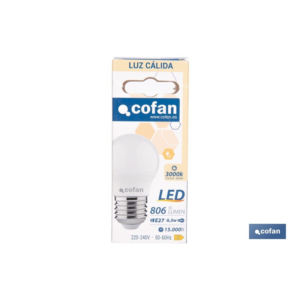 BOMBILLA LED ESFÉRICA E27 6.5 W 806 LM 3000 K