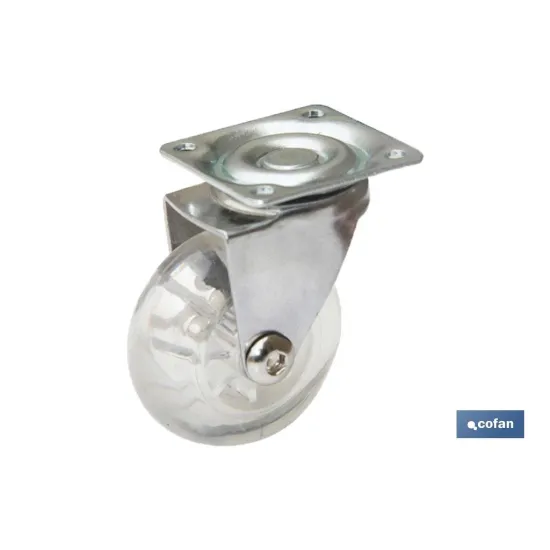 RUEDA TRANSP/CROMADO PLACA PU Ø35MM